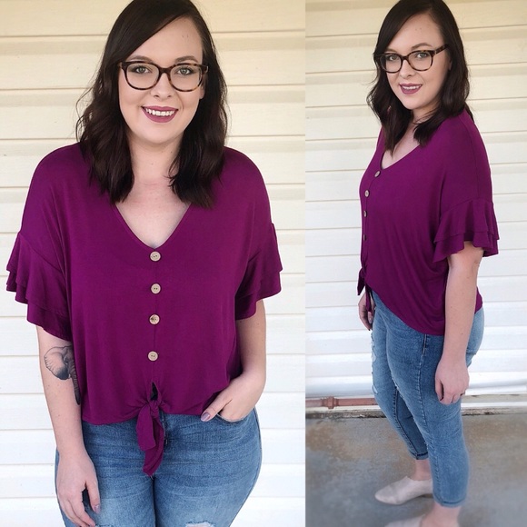 Magenta Ruffle Button Tie Top - Picture 4 of 4